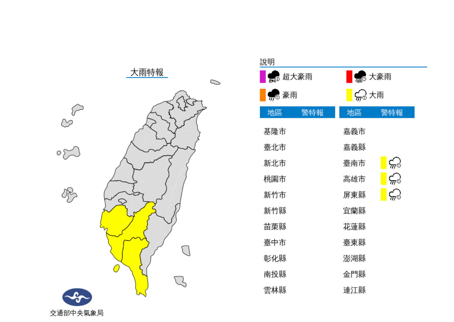 中央氣象局於今（4）日清晨對台南市、高雄市、屏東縣發佈大雨特報。   圖：翻攝自中央氣象局網站