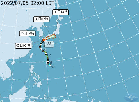 輕颱艾利今天凌晨2時的位置，在日本長崎西南西方50公里海面上，也就是台北東北方1140公里海面上，越來越遠離台灣。   圖：中央氣象局/提供