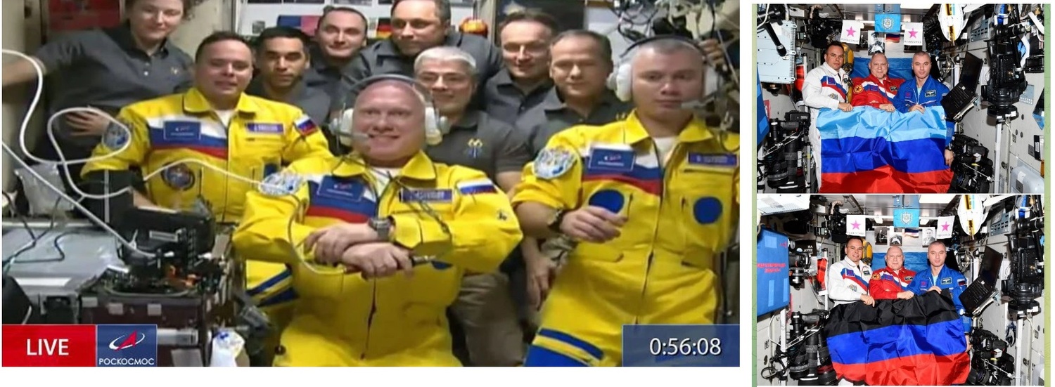 俄羅斯3名太空人在3月搭乘俄國聯盟號宇宙飛船抵達國際太空站，穿著烏克蘭國旗黃藍配色的飛行服亮相（左圖），但最新照片則是拿著盧甘斯克人民共和國旗幟（右圖）。   圖：翻攝自　YouTUbe、Telegram/新頭殼合成