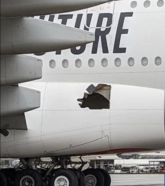 阿聯酋客機起飛後發出巨響，事後發現有一破洞。   圖：擷取自推特