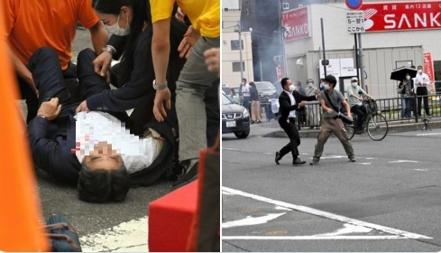日本前首相安倍晉三今(8)日上午在奈良市發表演講時，現場傳出兩聲槍擊聲，安倍中槍倒地流血不起   圖:翻攝自推特