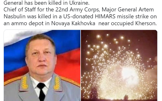 俄軍第22軍團的參謀長納斯布林少將（Artem Nasbulin）遭海馬斯火箭炸死。   圖：翻攝推特