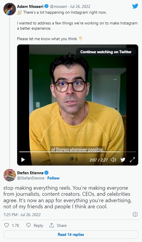 IG負責人Adam Mosseri在推特公開影片解釋，未來IG會繼續重視短影音，因為這是人們在平台上喜歡、分享和消費的內容。網友表示，顯然IG並沒有把使用者的心聲聽進去。   圖：翻攝自Adam Mosseri Twitter