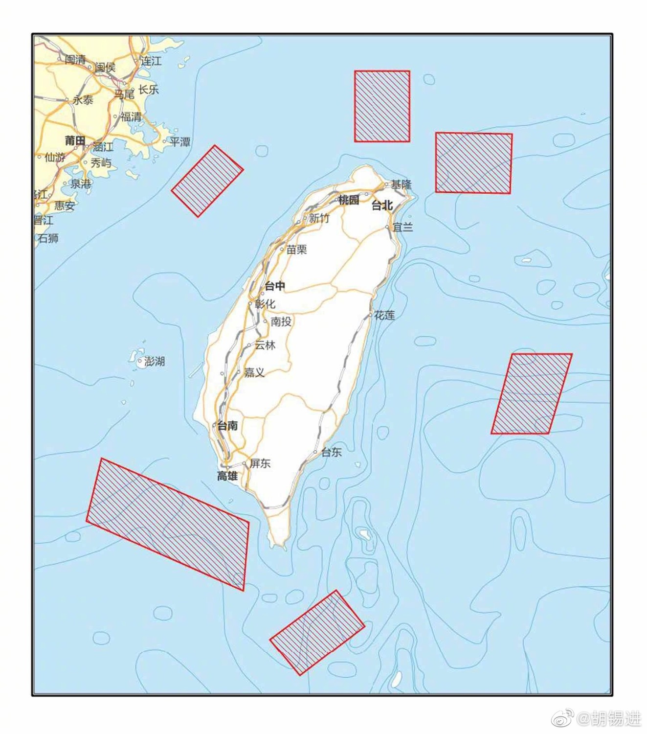 解放軍宣布4日至7日在台灣周邊6海域「進行重要軍事演訓行動，並組織實彈射擊」。   圖：翻攝微博