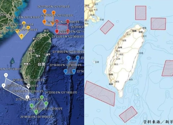 解放軍宣布於4日12時至7日12時，在台灣周邊六點海域和空域進行軍事演訓行動，並組織實彈射擊，從畫面來看，幾乎包圍台灣。   圖：新頭殼合成