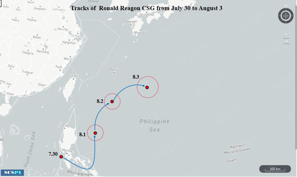 中國半官方性質智庫丶北京大學「南海戰略態勢感知計劃平台」(SCSPI)指「雷根號(CVN-76)」航空母艦最新位置在沖繩那霸的東南方。   圖：翻攝SCS Probing Initiative推特