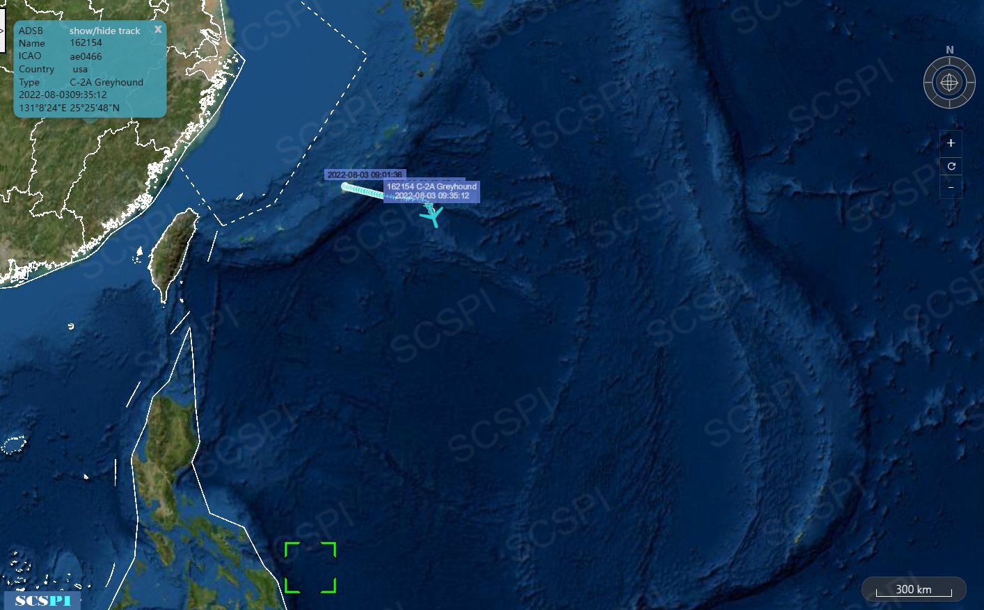 北京大學「南海戰略態勢感知計劃平台」(SCSPI)以艦載C-2A「灰狗」(Greyhound)運輸機飛行路徑研判「雷根號(CVN-76)」航空母艦最新位置。   圖：翻攝SCS Probing Initiative推特