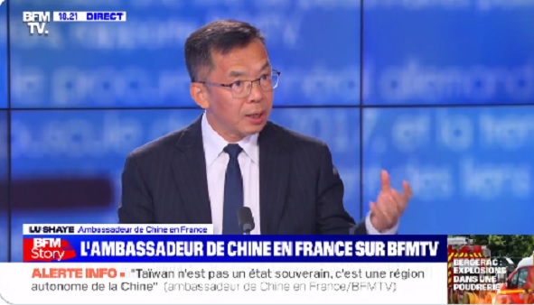 中國駐法國大使盧沙野放話統一台灣後要「再教育」台灣人。   圖：翻攝自BFMTV推特（資料照）