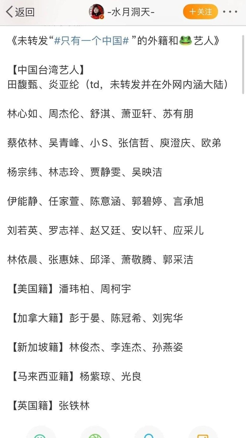 微博小粉紅條列沒有轉發「只有一個中國」貼文的台灣藝人和各國籍藝人   圖：翻攝自微博