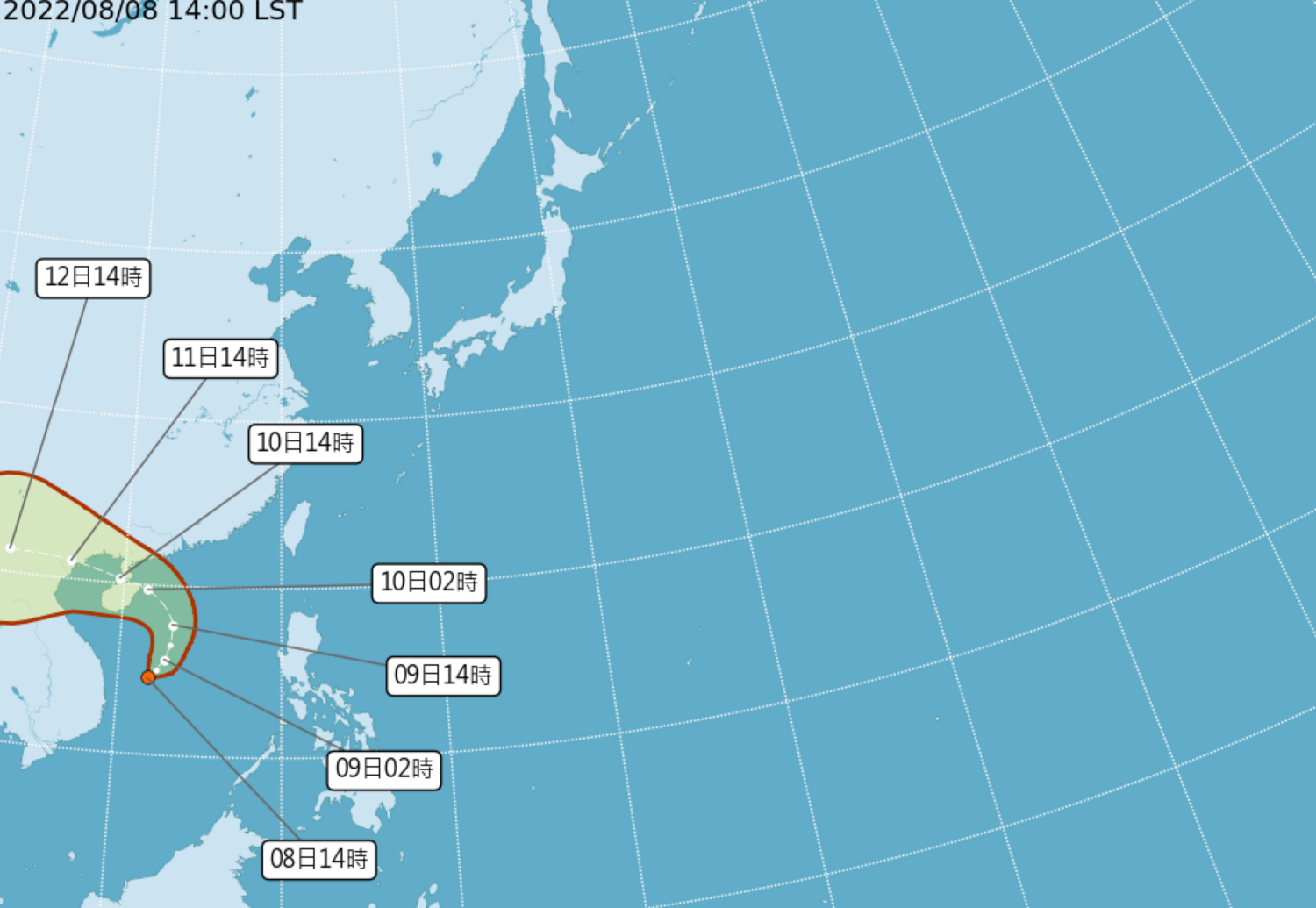 根據日本氣象廳資料顯示，最快將於今(8)日增強為今年第7號颱風「木蘭」。   圖：中央氣象局 /提供
