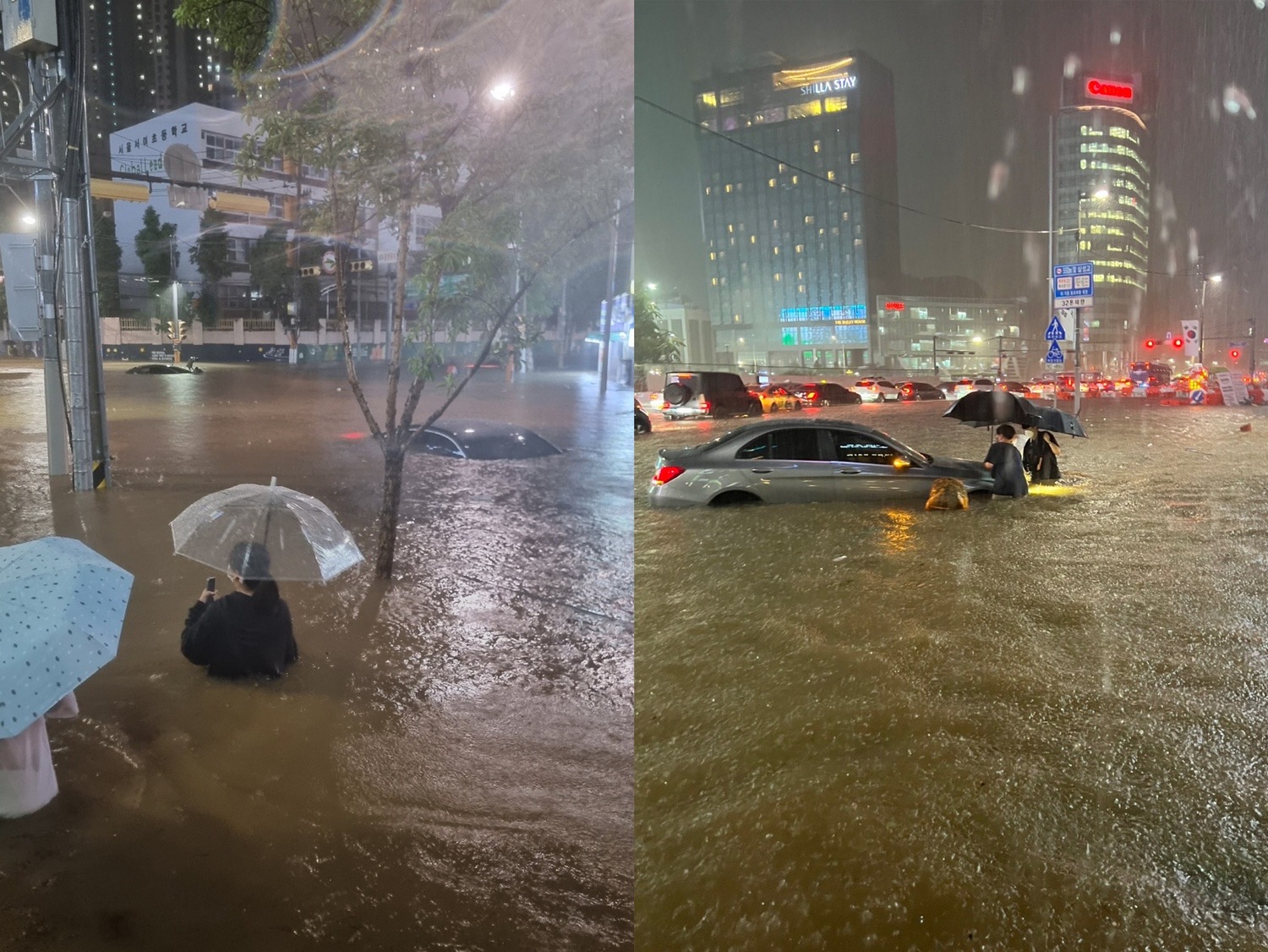 南韓首爾8日晚間降下暴雨，行人與車都泡在水裡。   圖：擷取自韓國先鋒報推特（新頭殼合成）