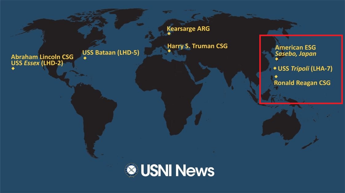 《美國海軍學會新聞網》(USNI News)製作主要艦隊分布：在西太平洋區域，有雷根號航空母艦、的黎波里號兩棲突擊艦及美利堅號兩棲突擊艦。   圖：翻攝USNI News網頁
