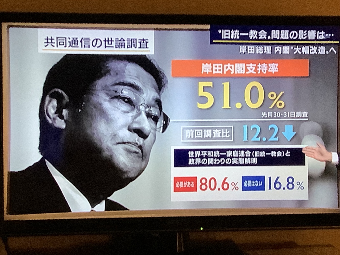岸田因為支持率暴跌而焦慮,突然宣布要改組內閣。 圖:攝自朝日電視 岸田因為支持率暴跌而焦慮,突然宣布要改組內閣。 圖:攝自朝日電視