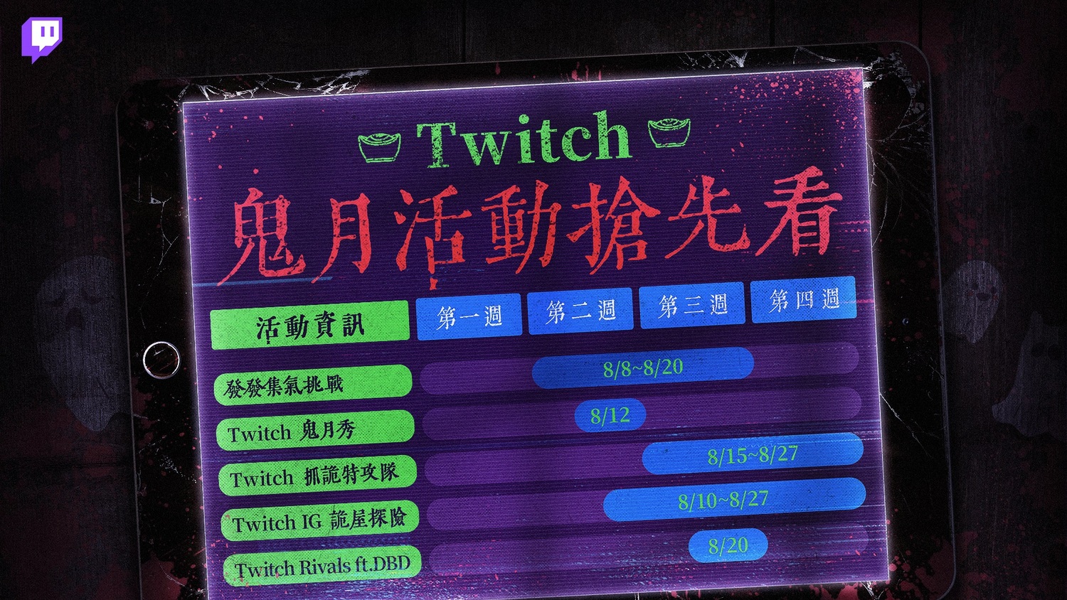 Twitch 鬼月活動搶先看!快到 Twitch 試膽,感受最緊張刺激的鬼月實況! 圖:Twitch /提供 Twitch 鬼月活動搶先看!快到 Twitch 試膽,感受最緊張刺激的鬼月實況! 圖:Twitch /提供