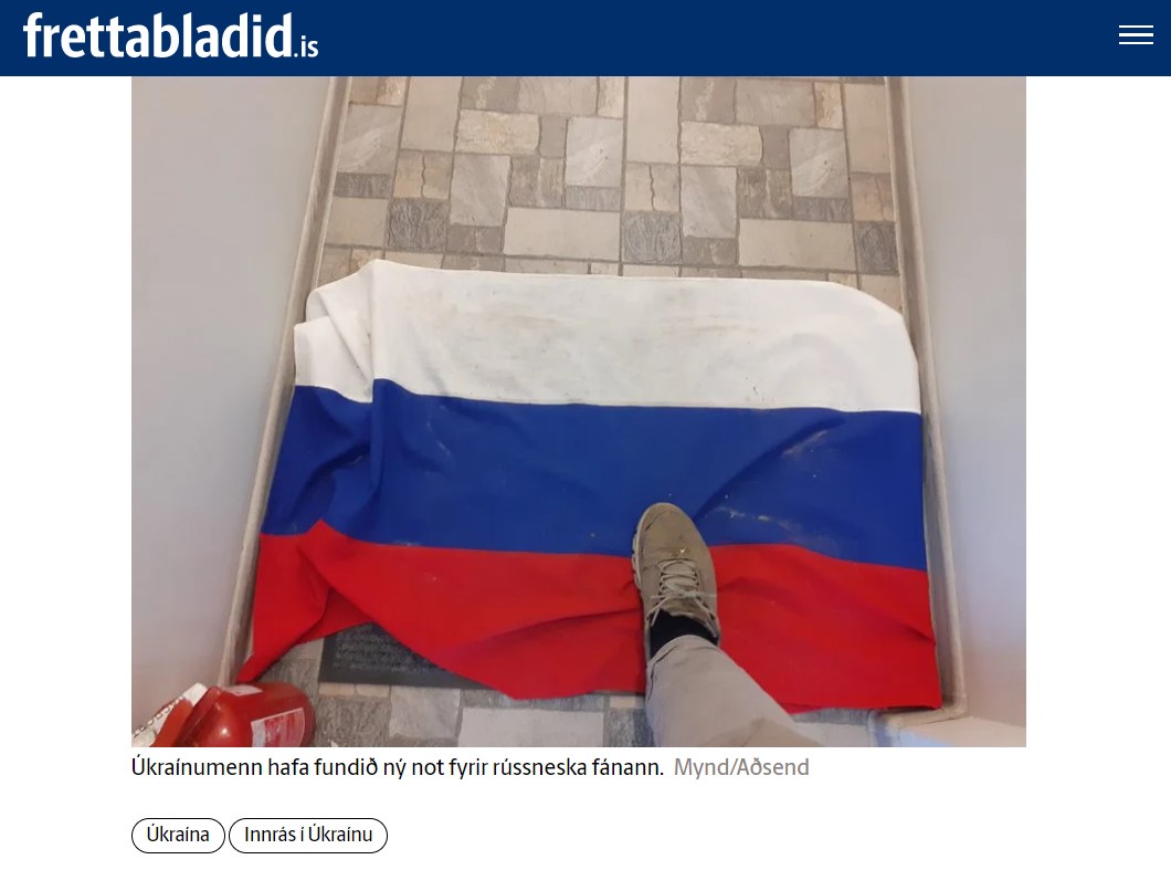 冰島媒體因發布俄羅斯國旗被踩踏的照片，被俄羅斯使館抗議，還遭威脅要駭入網站。   圖:翻攝自《Frettabladid》