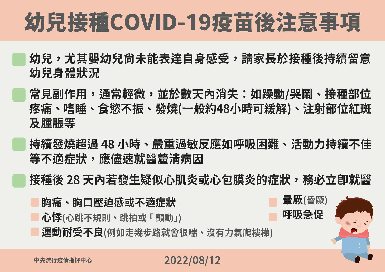 幼兒接種COVID-19疫苗後注意事項。   圖：中央流行疫情指揮中心／提供