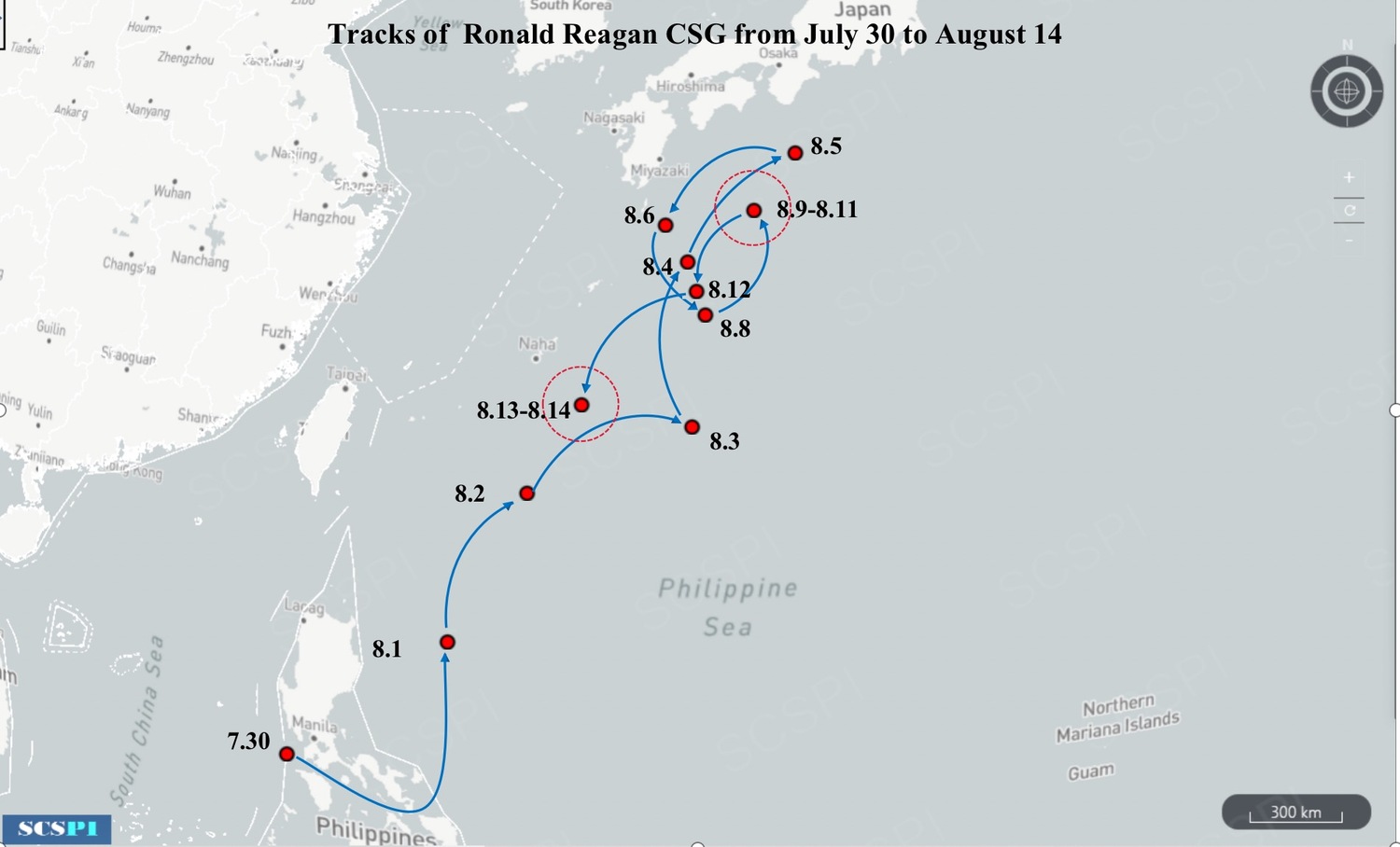 美國「雷根」號航母的最新軌跡圖，目前位於台灣東部、沖繩東南方海域。   圖：翻攝自推特@SCS_PI