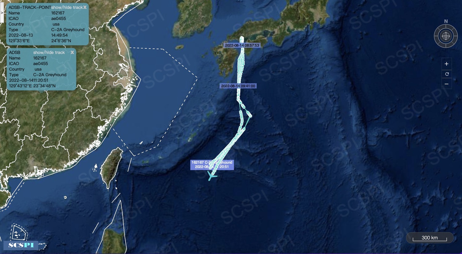 美國「雷根」號航母的最新軌跡圖。   圖：翻攝自推特@SCS_PI