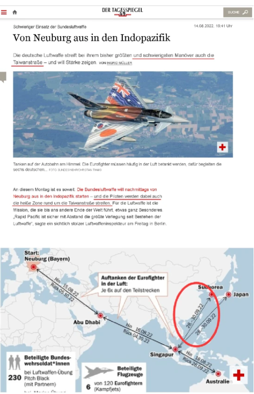 在《每日鏡報》報導中，不僅宣稱德軍戰機將「穿越臺灣海峽」，還給出了一張示意圖。   圖:翻攝自騰訊網