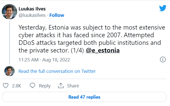 愛沙尼亞首席信息官兼數位畫轉型副部長盧卡斯·伊爾維斯（Luukas Ilves）在推特證實昨(17)日愛沙尼亞遭到大規模網路攻擊。   圖:翻攝自Luukas Ilves推特