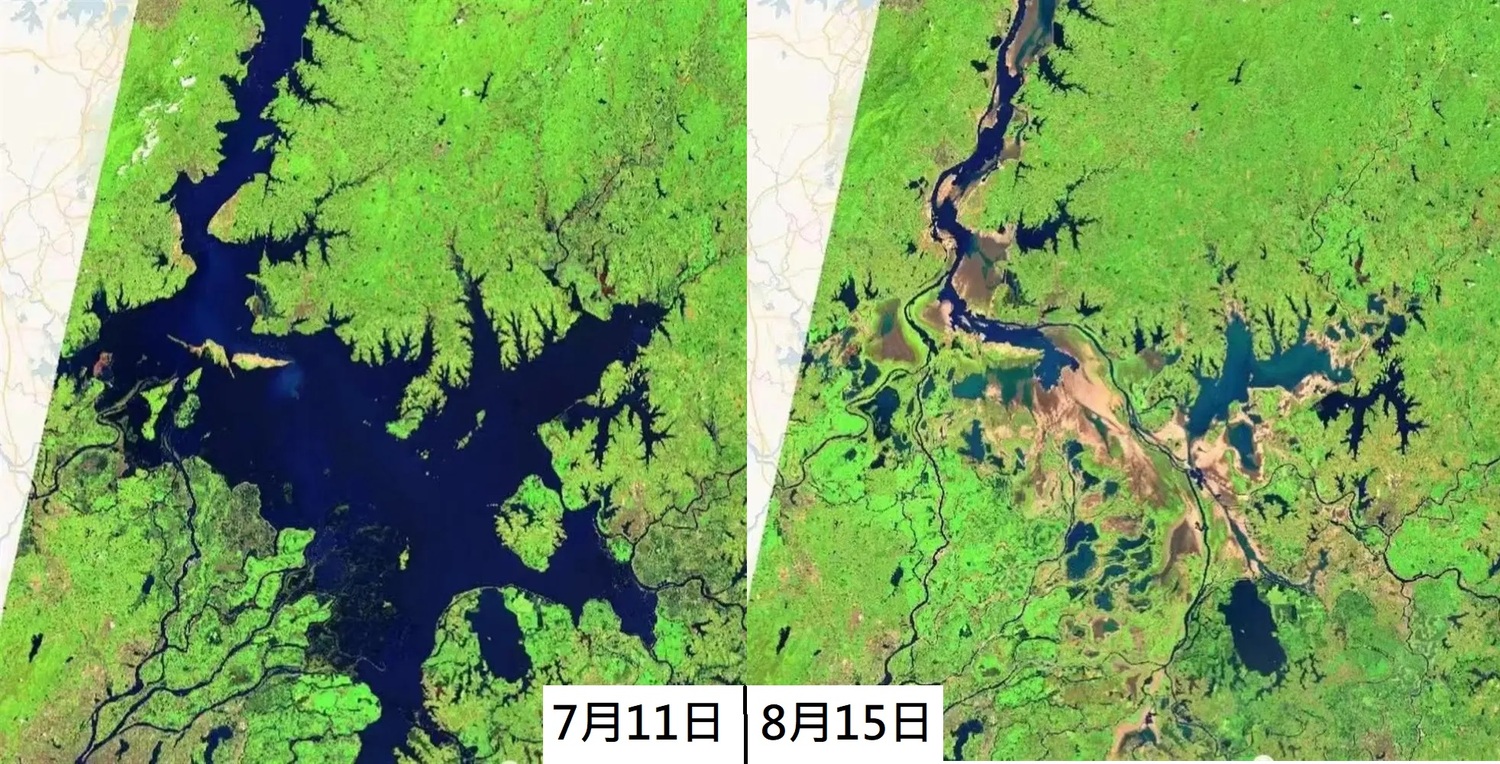 鄱陽湖水域，7月11日與8月15日對比圖。   圖:翻攝自歐洲太空總署