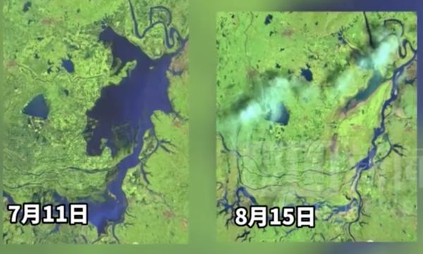 洞庭湖水域，7月11日與8月15日對比圖。   圖:翻攝自歐洲太空總署