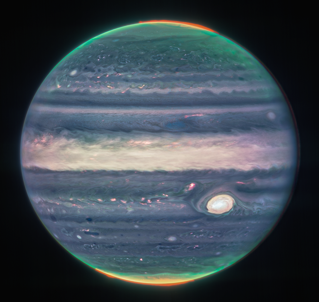 韋伯望遠鏡所捕捉的木星成像。 圖:翻攝自NASA 韋伯望遠鏡所捕捉的木星成像。 圖:翻攝自NASA