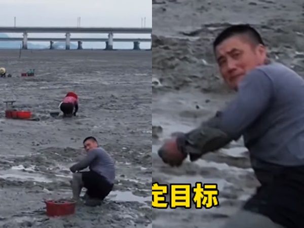 福建省寧德市用無人機拍攝海邊的宣傳影片時，被一名漁民挖起泥巴攻擊。   圖：翻攝網易