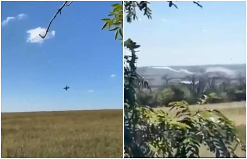 俄羅斯蘇-25戰機在哈爾科夫楚胡伊夫市郊上空被擊落的影片在網路上流傳。   圖：翻攝推特