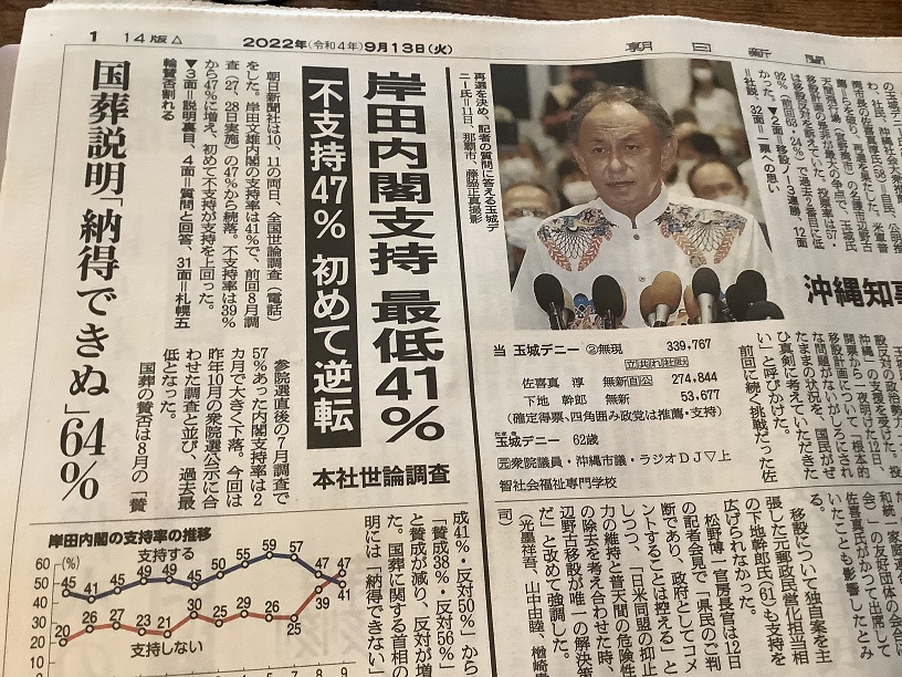 岸田內閣支持率不斷暴跌,想靠外國客來扳回人氣 圖:翻攝自12日朝日新聞頭版 岸田內閣支持率不斷暴跌,想靠外國客來扳回人氣 圖:翻攝自12日朝日新聞頭版