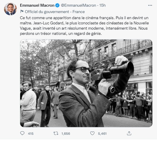 法國總統馬克宏在推特發文悼念高達，他說，法國痛失「國寶」。   圖：翻攝馬克宏推特
