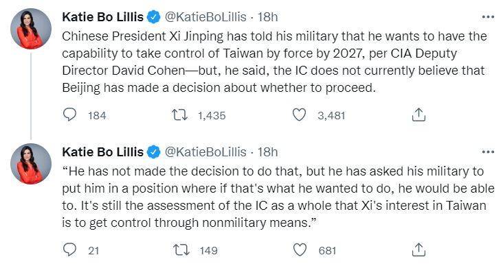 《CNN》記者轉述CIA副局長說法，習近平已下令軍方，在 2027 年前具備武統台灣的能力。   圖：翻攝自@KatieBoLillis推特