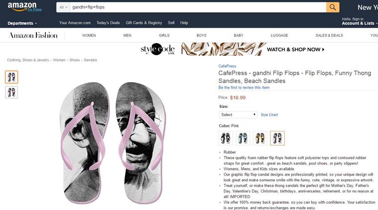 日前亞馬遜美國網站販售甘地拖鞋，每雙售價16.99美元，還有顏色可供選擇。   圖：翻攝The Indian EXPRESS