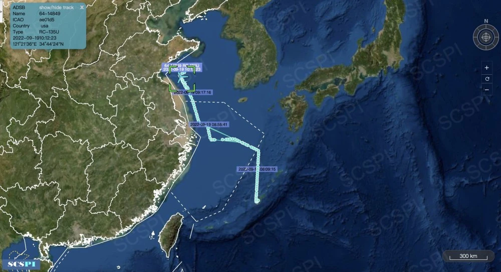 美軍電子偵察機9月19日闖中國東海防空識別區。   圖:翻攝自南海態勢感知微博