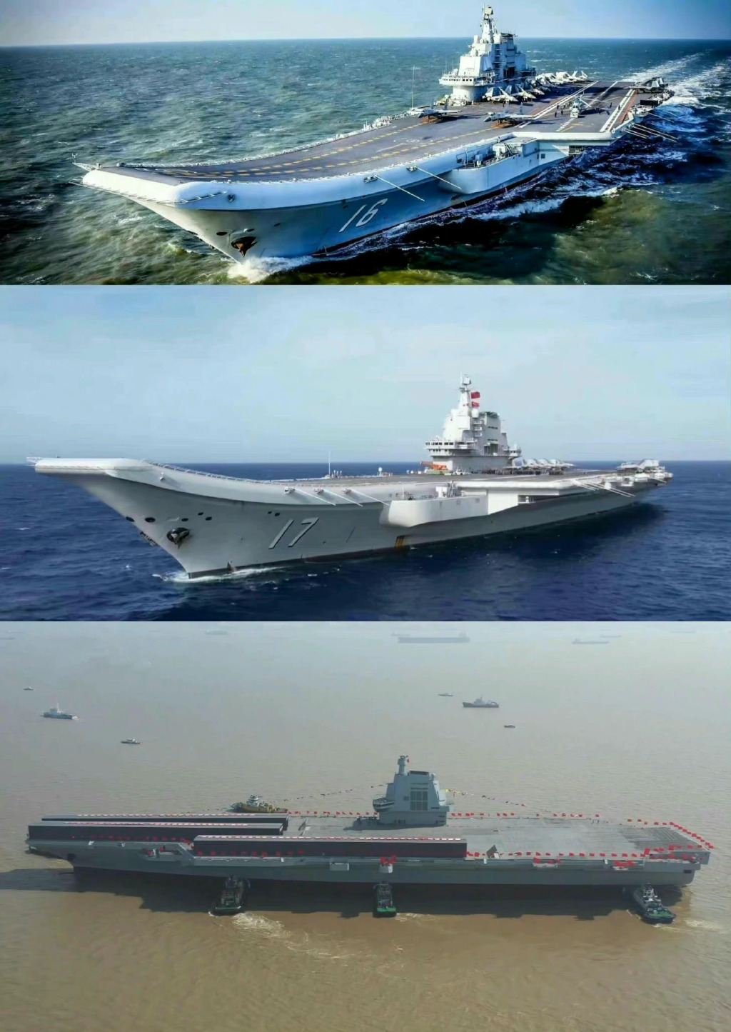 中國三艘航母，由上而下分別是，遼寧艦、山東艦、福建艦。   圖：翻攝自微博
