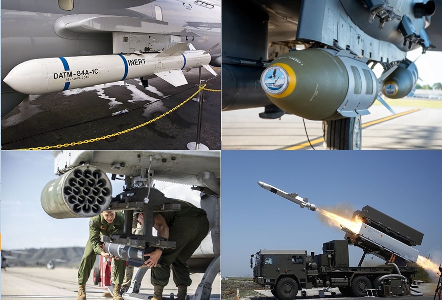 美國海軍陸戰隊加強反艦作戰能力，一口氣擁有4種反艦彈藥。左上：AGM-84「魚叉」反艦導彈；右上：GBU-31/B聯合直接攻擊彈藥；左下：AGM-179聯合空地飛彈；右下：NSM海軍打擊飛彈。   圖：DVIDS網站/新頭殼合成