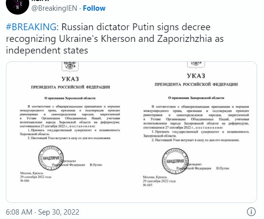 根據外媒最新消息，普丁已搶先於凌晨簽署承認烏克蘭赫松與札波羅熱地區為獨立領土的文件。   圖：翻攝推特
