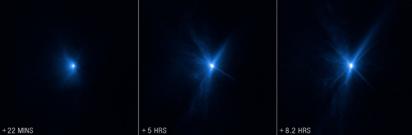 哈伯望遠鏡拍攝到 Dimorphos 小行星受到撞擊後呈現出明亮的放射光線。   圖: 翻攝自 NASA 官網