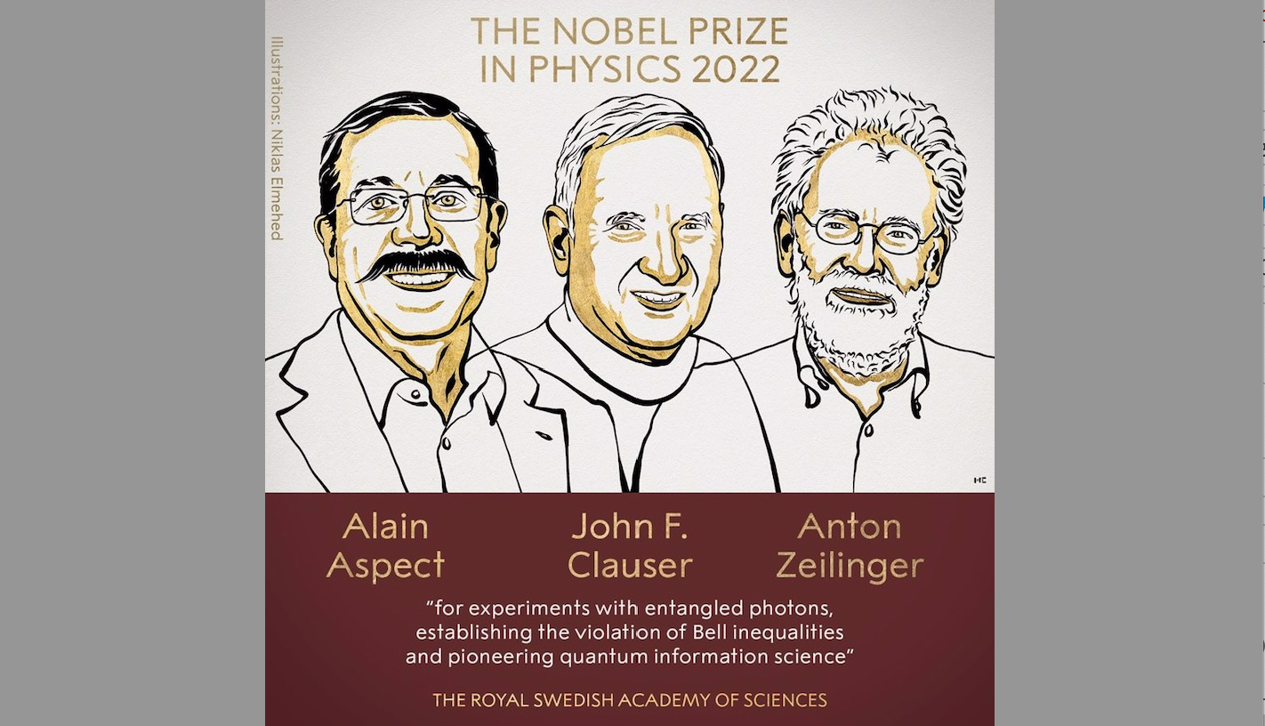2022 諾貝爾物理學獎由法國學者阿斯佩（ Alain Aspect ）、美國學者克勞澤（ John F. Clauser ）以及奧地利塞林格（ Anton Zeilinger ）共享殊榮   圖：截自諾貝爾委員會推特