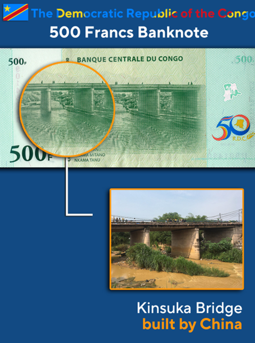 剛果民主共和國 500 法郎紙幣則是印有中國承建的金蘇卡大橋。   圖：翻攝自華春瑩推特