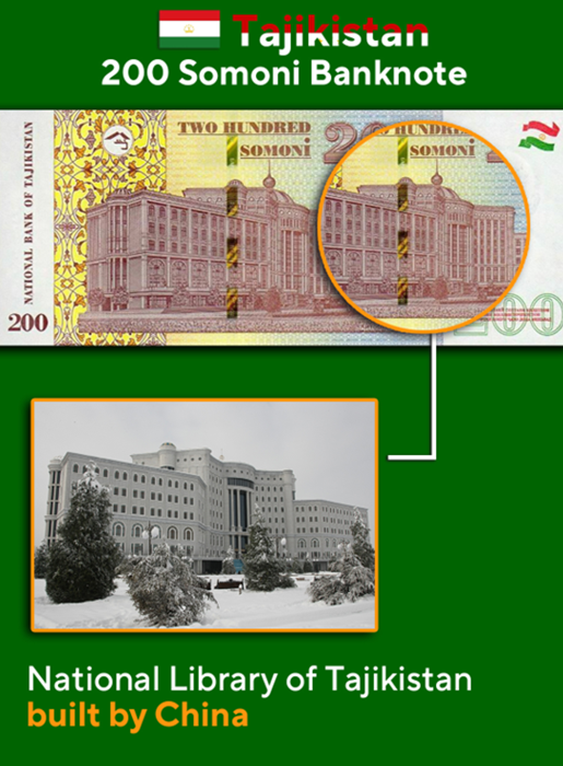 塔吉克斯坦 200 索莫尼紙幣印著中國承建的國家圖書館。   圖：翻攝自華春瑩推特