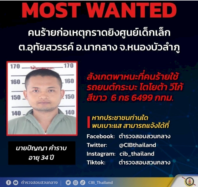 泰國一名男子開槍襲擊托兒所，兇嫌作案回家後，先槍殺妻兒再自盡。   圖：翻攝自推特