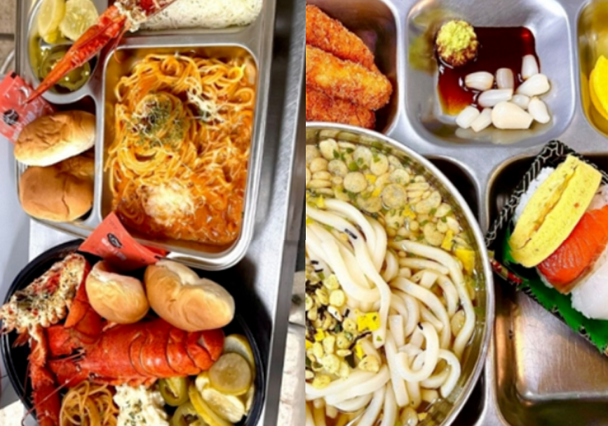 韓國陸軍士兵分享部隊伙食照片，有龍蝦也有生魚片壽司。   圖：翻攝自臉書