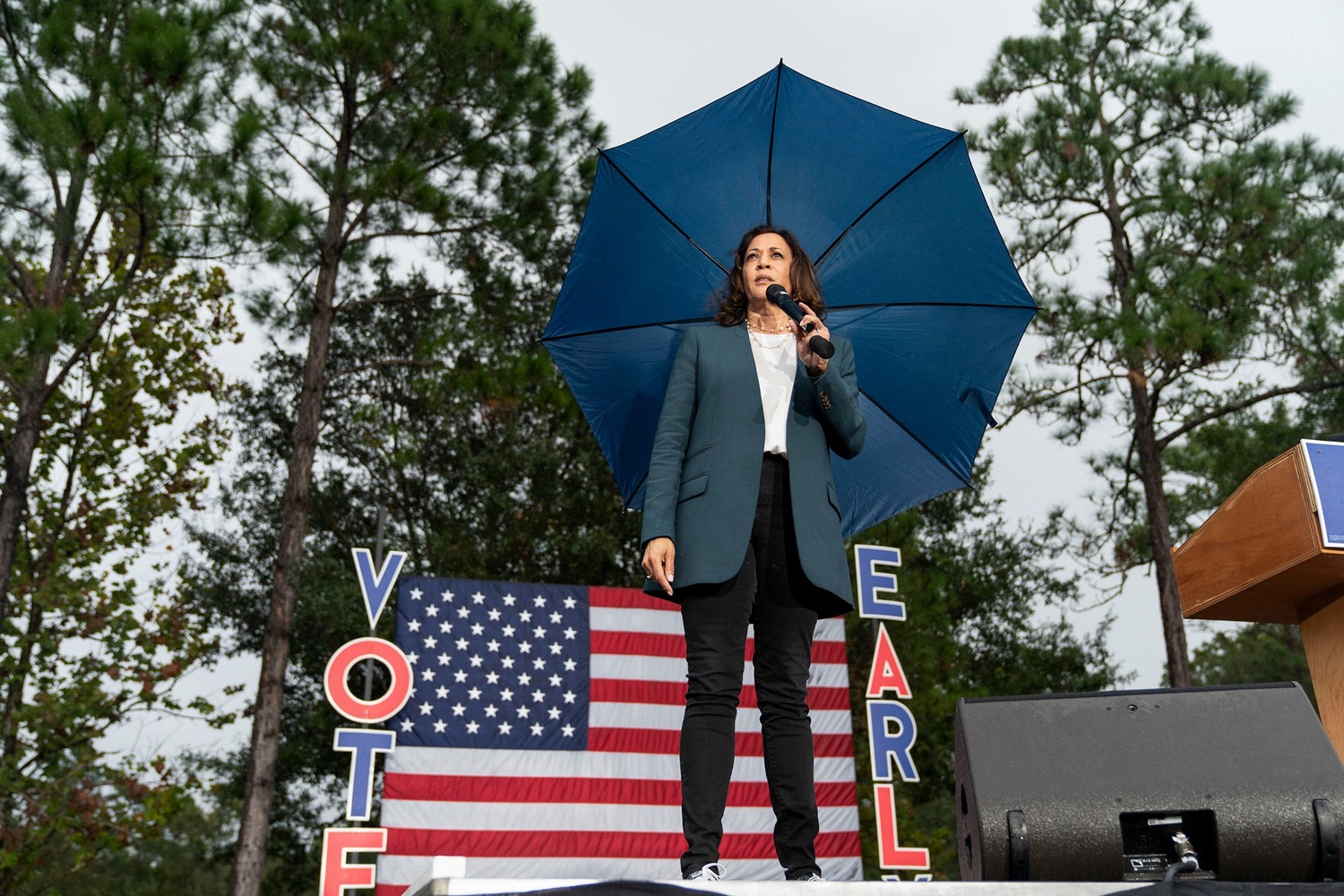 美國副總統賀錦麗（Kamala Harris）在造勢會場上演說。   圖：翻攝自臉書（資料照）