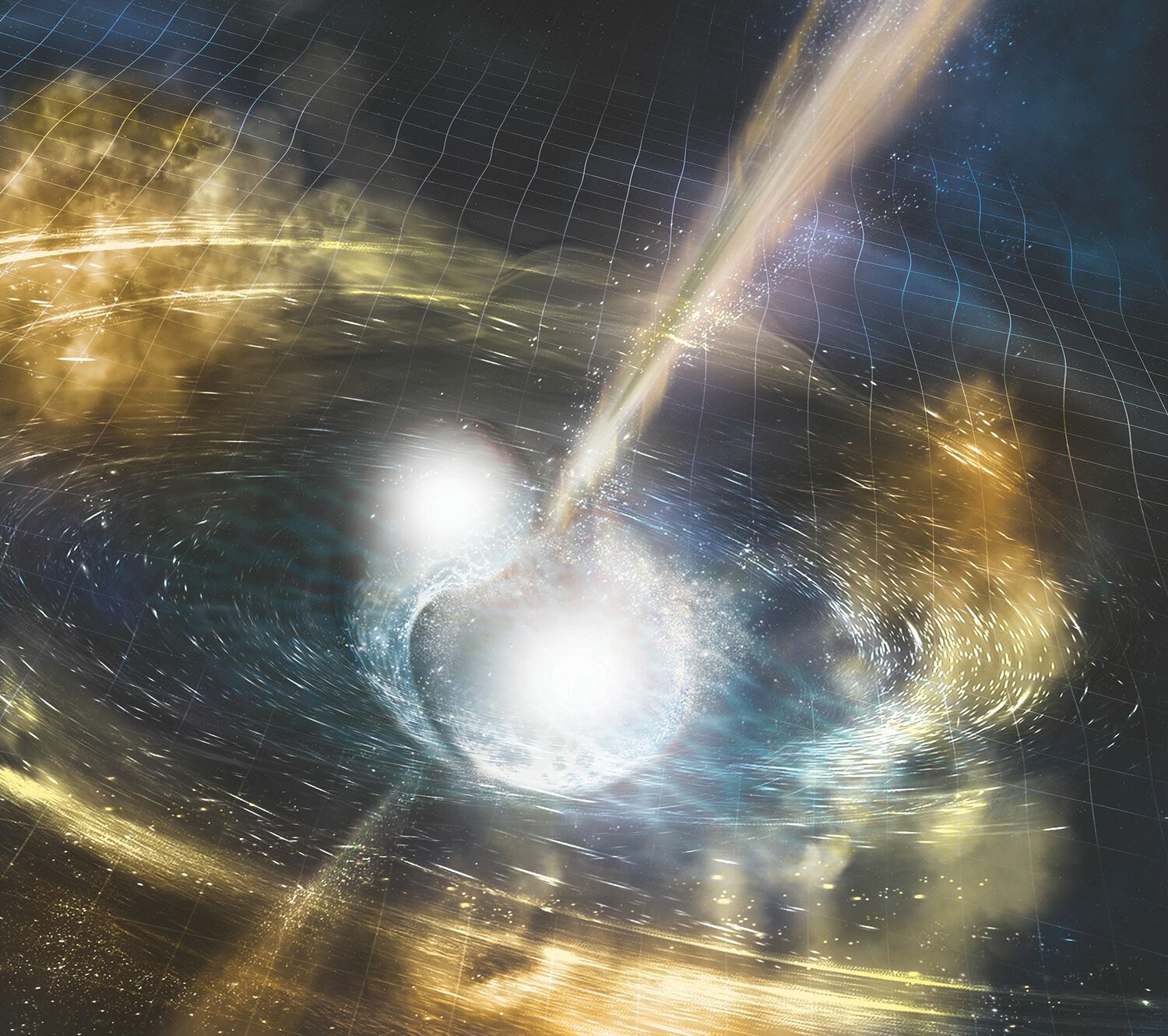 兩中子星碰撞模擬圖。 圖:翻攝自維基百科(資料照) 兩中子星碰撞模擬圖。 圖:翻攝自維基百科(資料照)