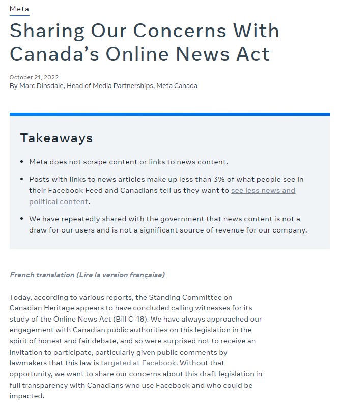 Meta加拿大分公司媒體合作主管Marc Dinsdale在部落格發文指出：「我們認為『線上新聞法』扭曲了平台和新聞媒體間的關係，呼籲政府重新審查這做法。」   圖：翻攝自Meta部落格