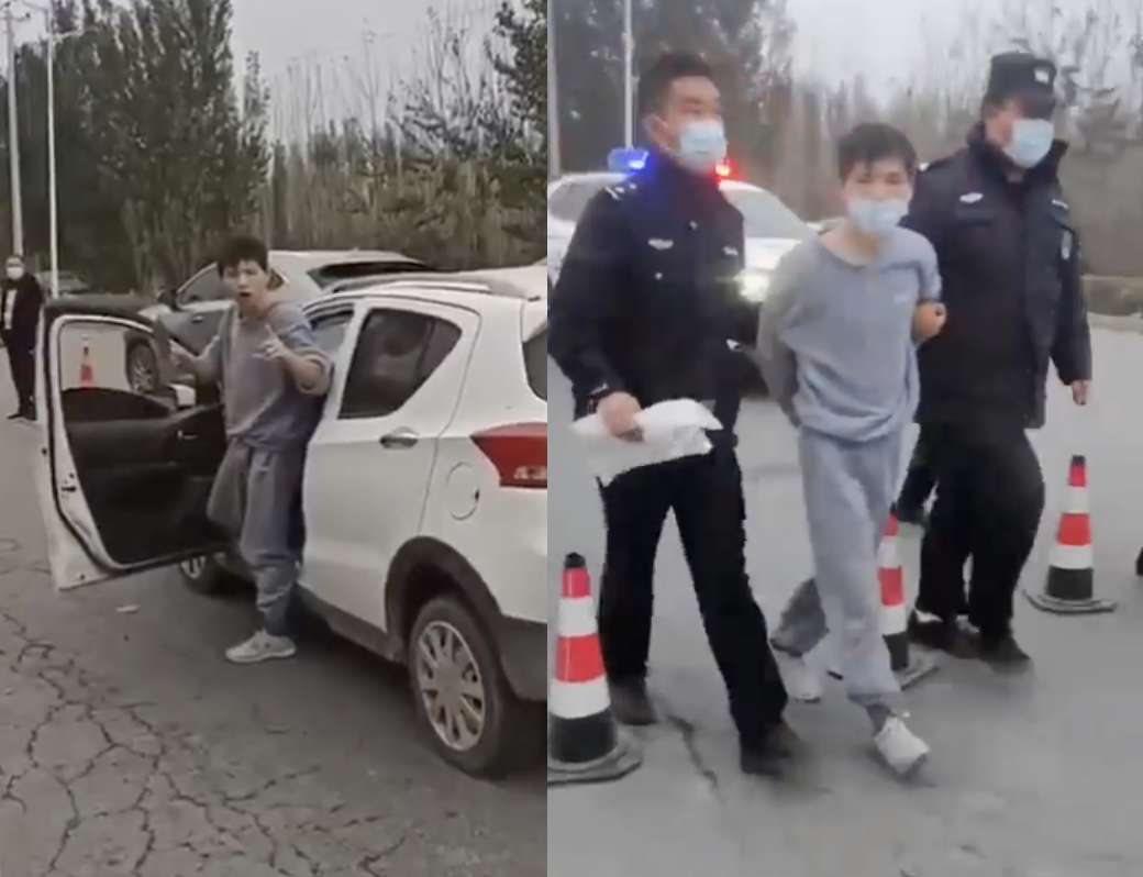 中國河北男子為買「奶粉」持菜刀硬闖路障，遭警方逮捕。 圖：翻攝自網路影片