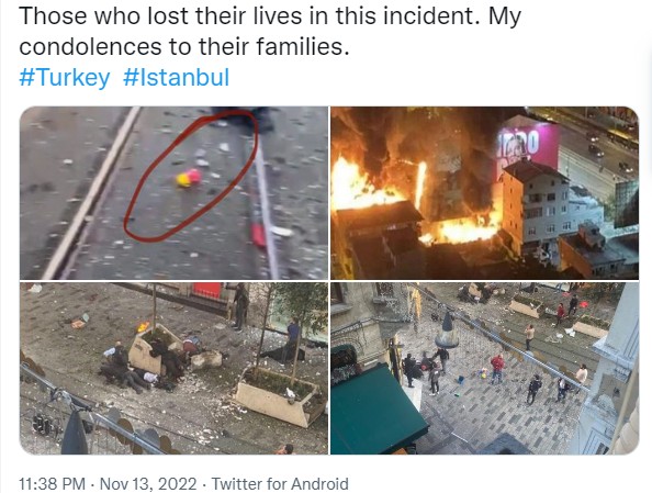 土耳其伊斯坦堡鬧區13日發生一起爆炸事故，至少造成6人罹難，81人受傷。   圖：翻攝推特