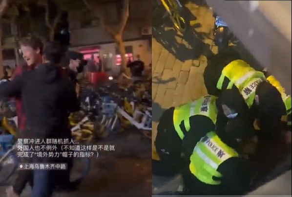 BBC記者採訪上海示威期間被暴力拘捕 圖：擷自推特@Shanghaishanghai