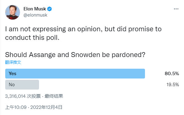 推特執行長馬斯克（Elon Musk）於 3 日在推特帳號中發起是否應赦免兩人的投票，引發超過 331 萬人參與。   圖：翻攝自推特
